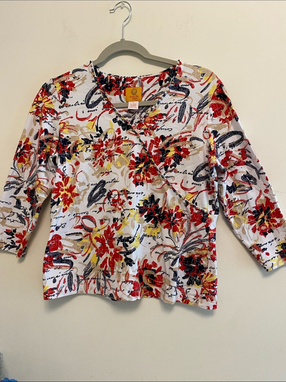 Ruby Rd. Floral V-Neck Long Sleeve Top - White, Red, Yellow